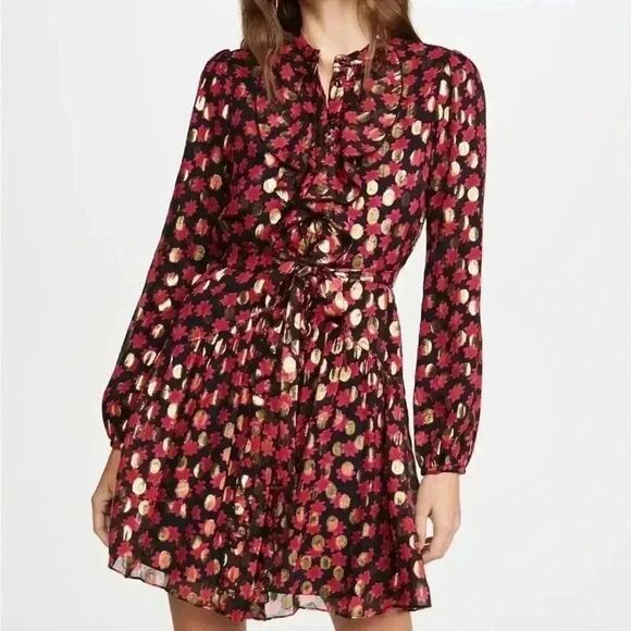 SALONI Scarlet Daisy Tilly Red Gold Black Shimmer Ruffle Mini C Dress Size 0 - Picture 7 of 16